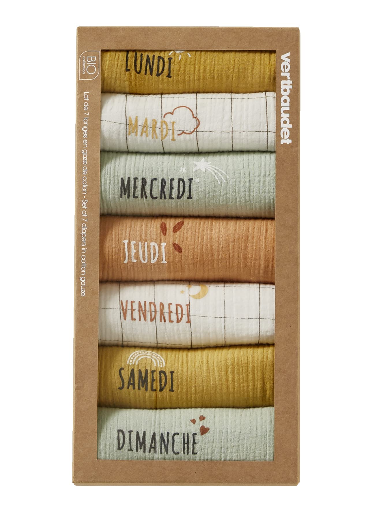 VERTBAUDET Coffret semainier de 7 langes en gaze de coton bio* blanc/multicolore TU