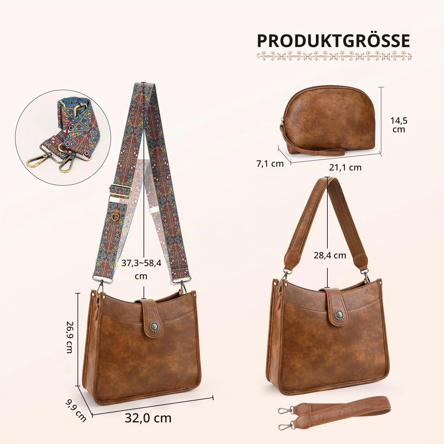 Handtasche Damen Mittelgroß Umhängetasche schwarz Crossbody Bag mit Breiter Gurt Schultertasche Hobo Bag veganem Leder Tasche 2 Schulterriemen Kartenschlitz Reisetasche