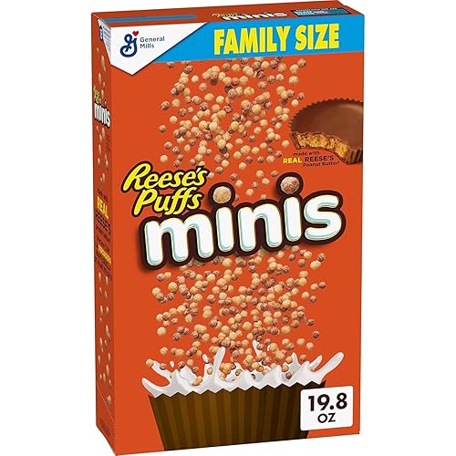 Reese's Puffs Minis - Cereal para desayuno, cereal de mantequilla de maní y chocolate, tamaño familiar, 19.8 onzas