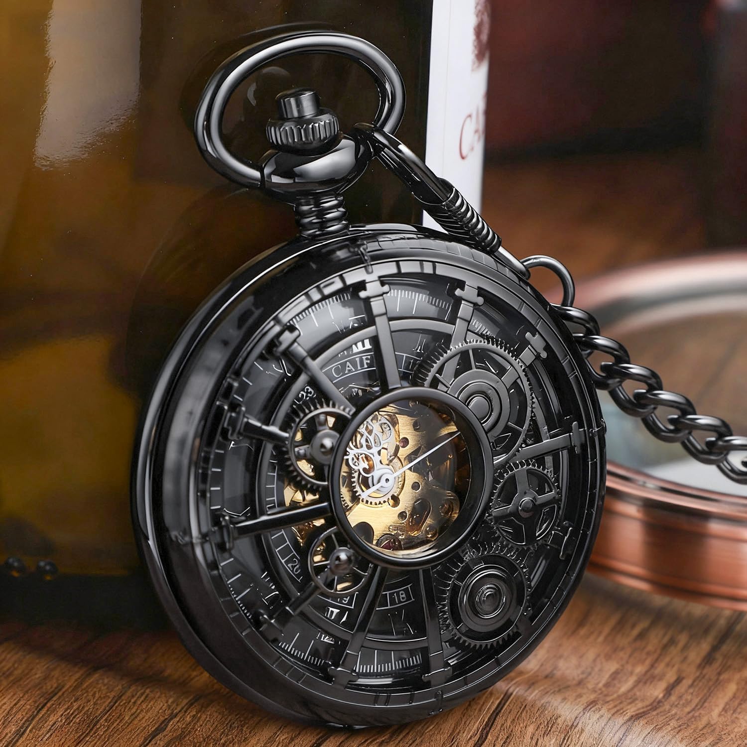Tiong Vintage Style Hollow-Out Round Gear Arabic White Dial Men's Mechanical Pocket Watch