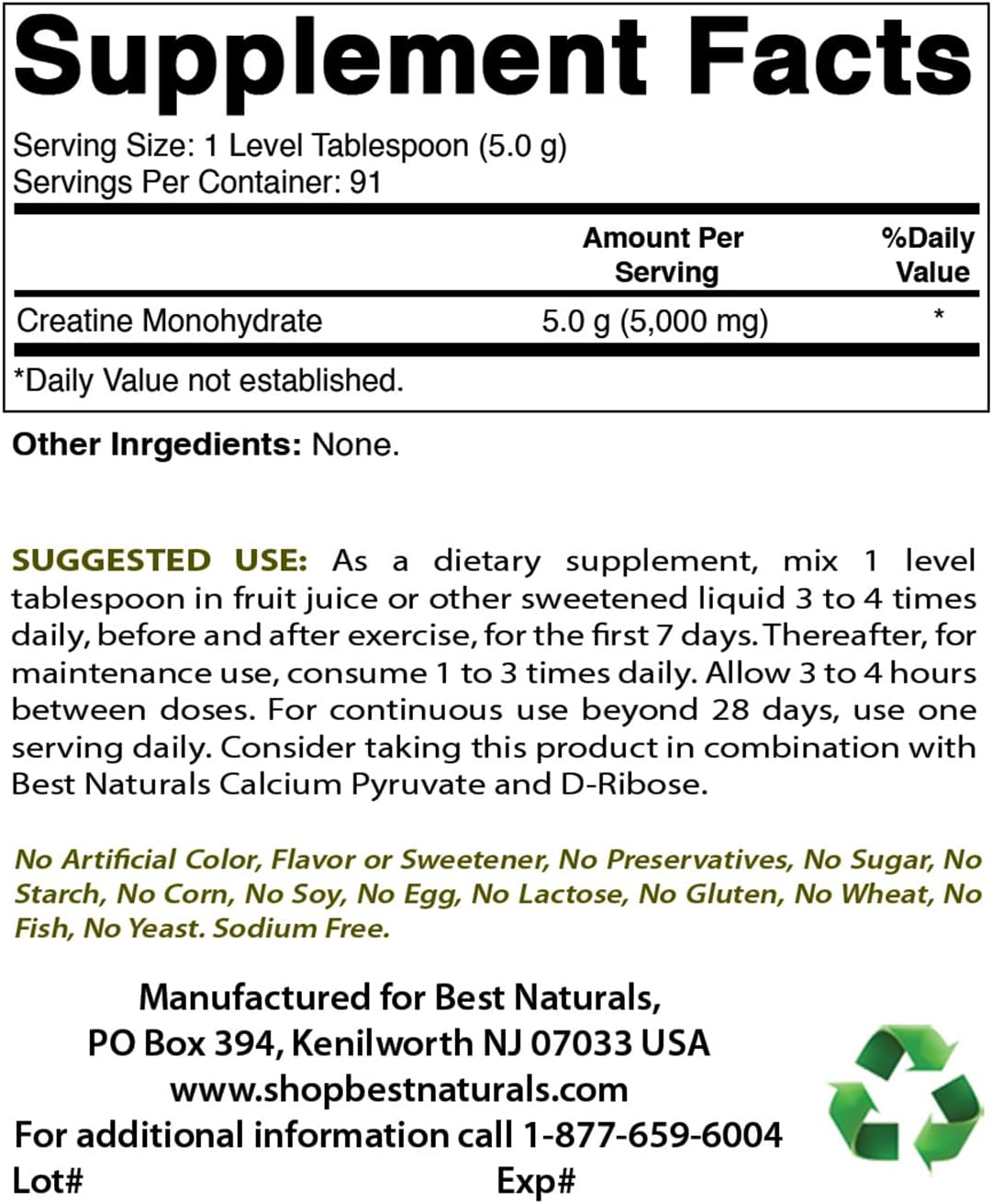 Best Naturals Creatine Monohydrate 1 Lb Pure Powder (1 LB (Pack of 3))