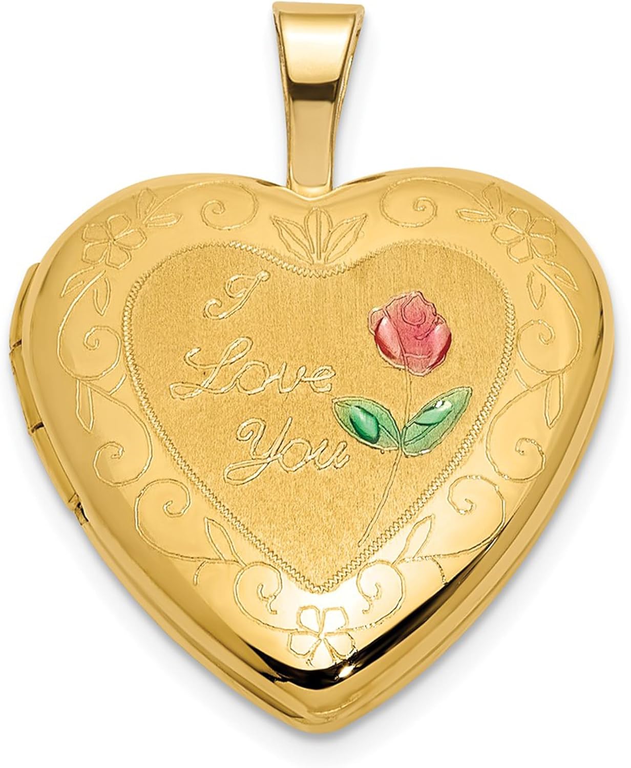 DEWBERRY 14K Yellow Gold Polished and Satin Pink and Green Enamel Rose I LOVE YOU Script 16mm Heart Locket (Weight : 1.97gm, Length : 21.5mm, Width : 16.2mm)