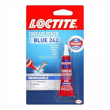 Loctite Threadlocker Blue 242 locks and seals threaded fasteners and prevent loosening from vibration, ideal for 6-19mm fasteners, great for small motors, mowers, equipment, nuts, bolts, screws 6 ml