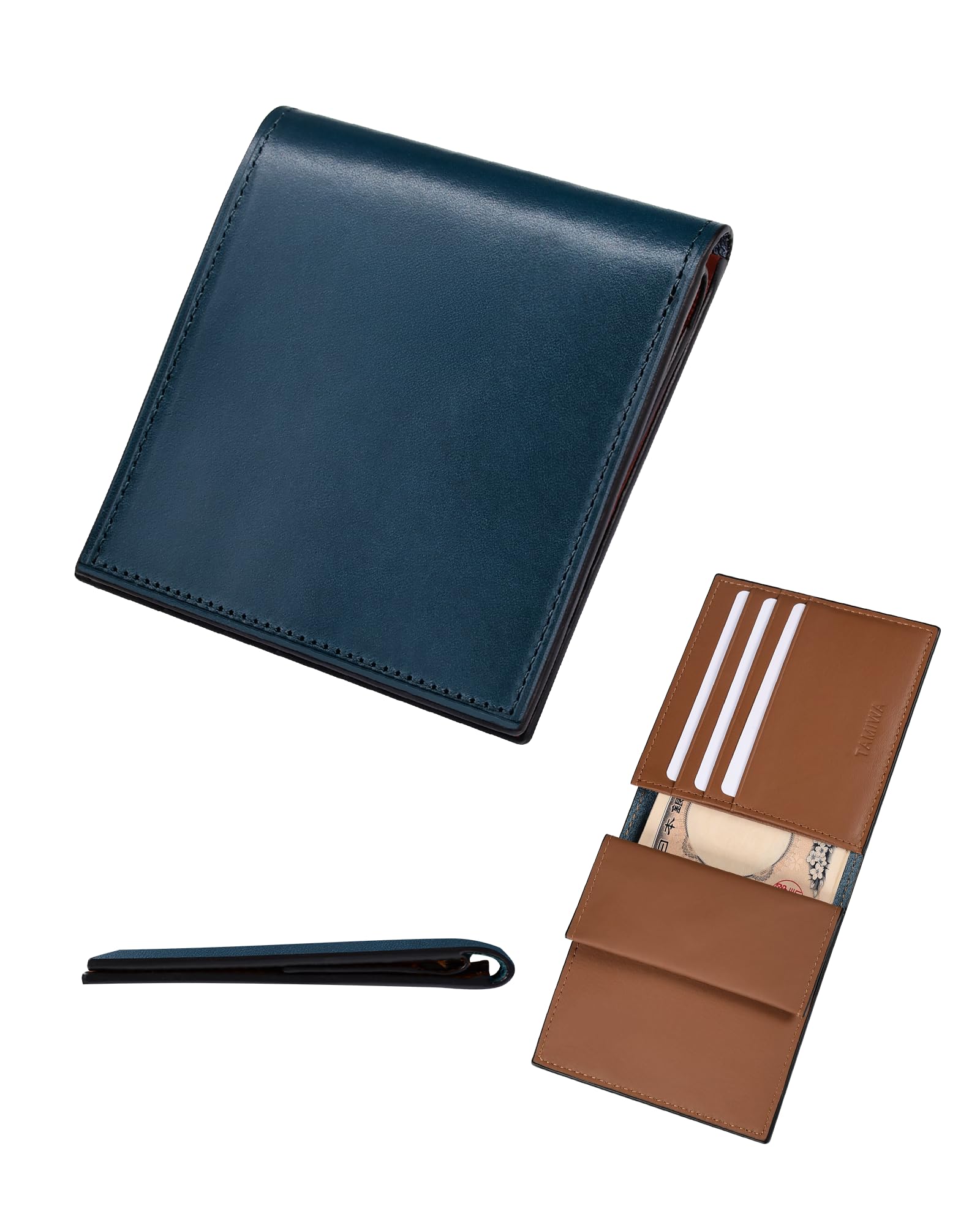 TAMIWA Ultra Thin Bifold Wallet Pueblo Tochigi Leather Blue Made in Japan