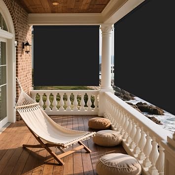 AOZORA Blackout Outdoor Roller Shades, Cordless Exterior Roller Blind, Premium Waterproof Windproof Sun Shade with Long Crank for Doors, Patio, Gazebo, Porch, Balcony, Pure Black