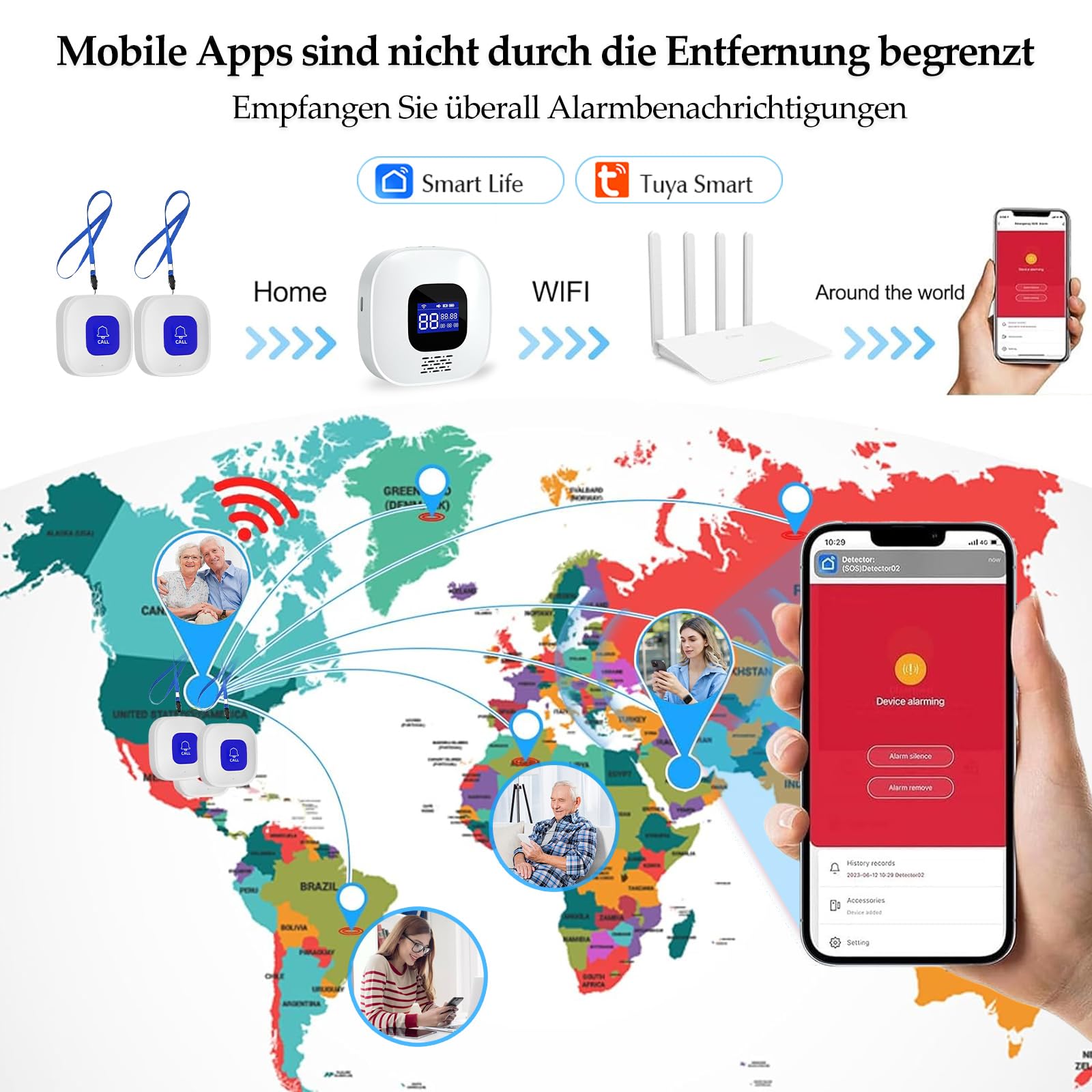 Salvavita Anziani, Pulsante Salvavita Anziani WiFi, App Tuya Smart/Smart Life per Ricevere Notifiche da Remoto, Adatto ad Anziani, Malati, Disabili, Bambini (1 Ricevitore + 3 SOS Pulsante)