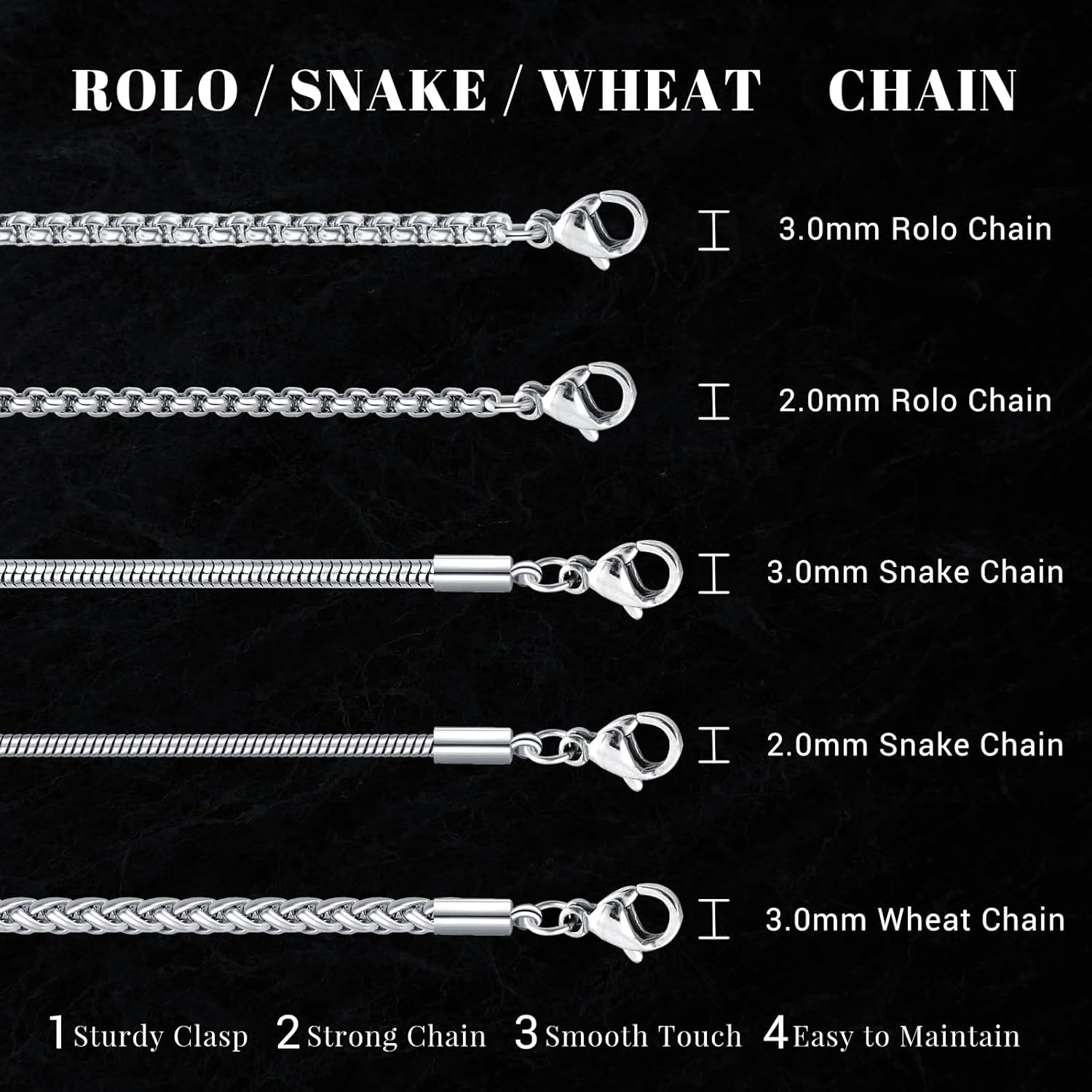 Eusense Stainless Steel Chain Necklace for Men Women Rolo/Wheat/Snake/Box Chain, 2-3MM, 20-24 Inches with Delicate Gift Box - Image 5