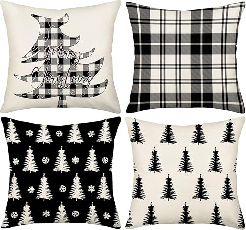 Juego de 4 fundas de almohada de Navidad de 18 x 18 pulgadas, fundas de almohada de árbol de Navidad a cuadros negros y blancos, fundas de cojín