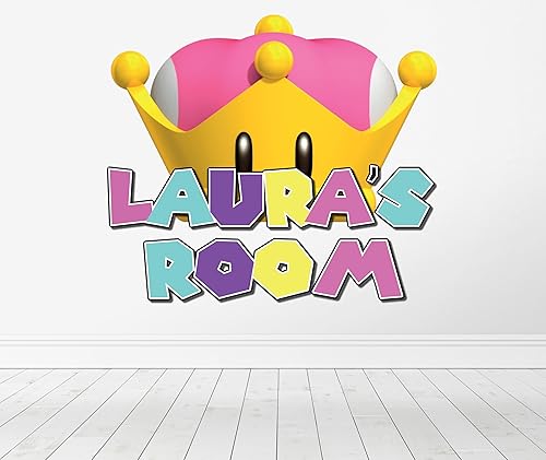 Mural de pared de corona de durazno de princesa, calcomanías con nombre personalizado, decoración de dormitorio de Mario, calcomanías de nombre para