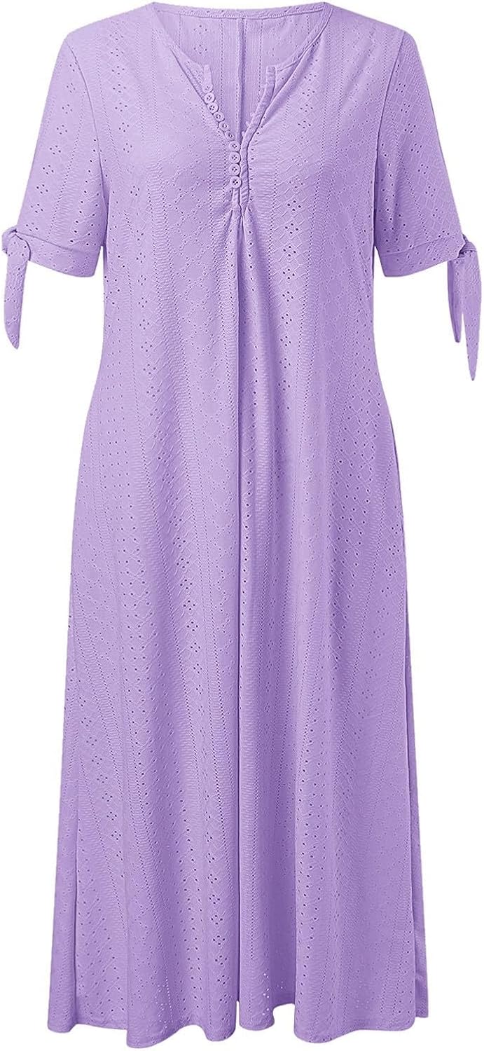 Womens 2025 Summer Maxi Dress Short Sleeve Hollow Out Eyelet Tshirt Dresses A Line Flowy Dresses Vacation Sundress