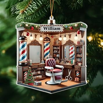 JulylyPOD Personalized Barber Christmas Ornament, Barber Shop Tree Hanging Decor, Hairstylist Ornament, Hair Salon 2D Flat Acrylic 02