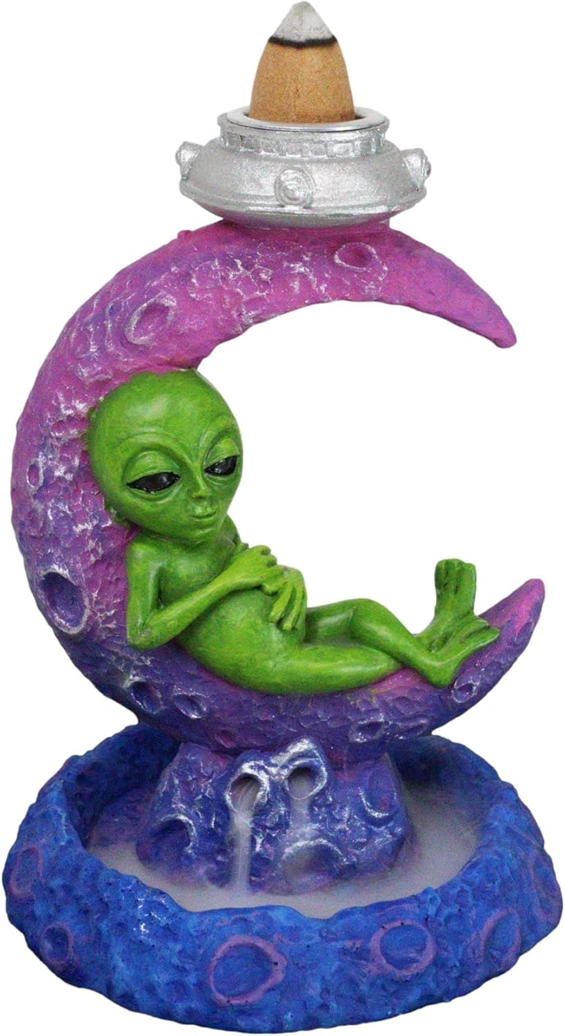 Ebros Gift UFO Outer Space Extra Terrestrial Green Roswell Alien Sleeping On Cratered Crescent Moon Backflow Cone Incense Burner Holder with Cascading Smoke Fog Figurine
