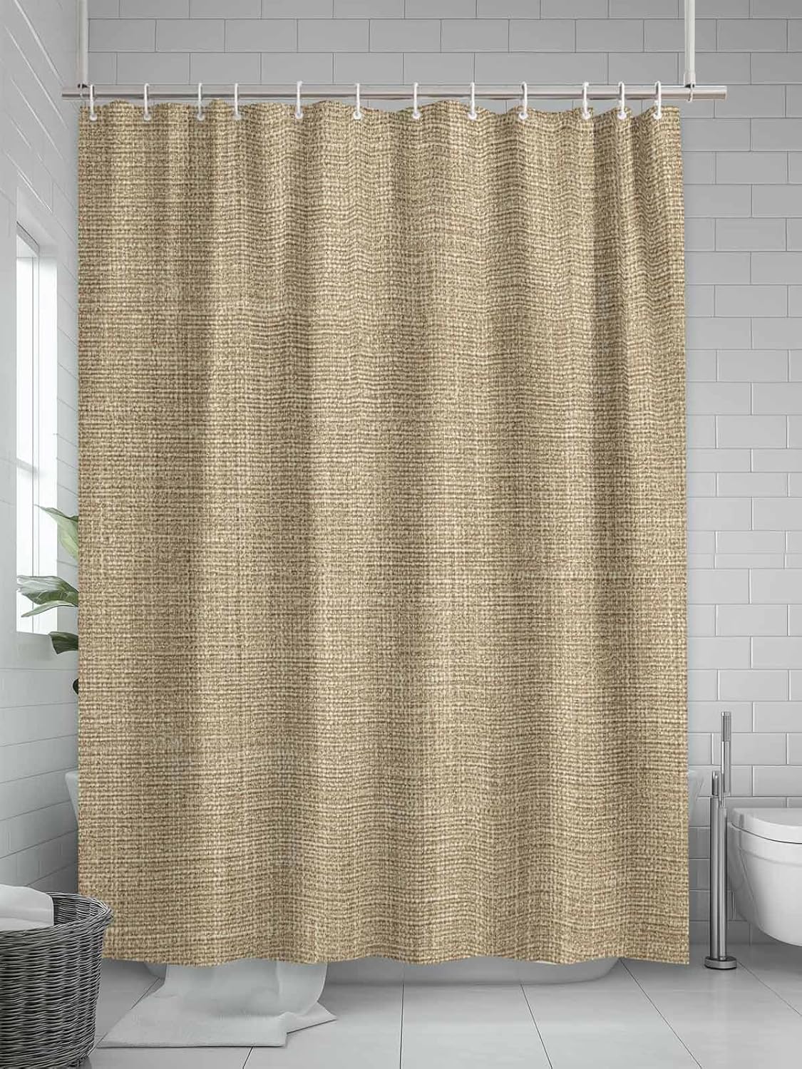 シャワーカーテン 田園 茶色 綿麻バック 無地 お風呂カーテン 137&times;198cm 高級 バス用品 間仕切り 目隠し フック付き 北