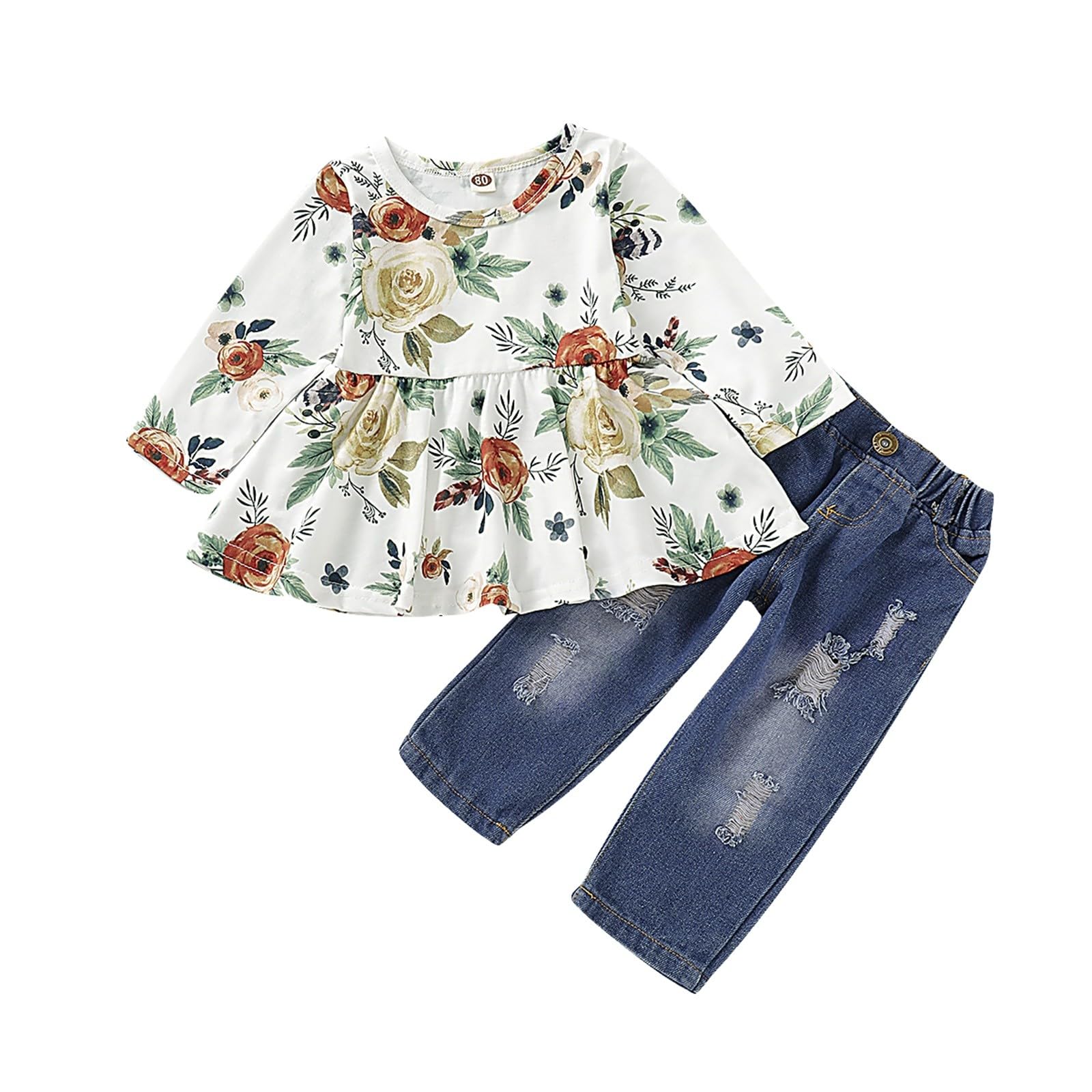 Conjunto de Dos Piezas de Primavera y otoño para niños pequeños Jeans de Color sólido con Estampado de Flores y Dobladillo Ancho con Volantes para niñas Traje De Baño De Mujer Entero