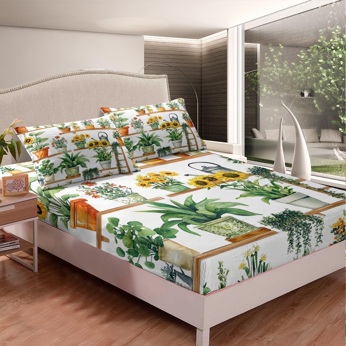 Erosebridal Funny Botanical Fitted Sheet Full Size,Green Potted Plant Bed Sheets,Spring Garden Floral Bedding Set,Retro Aesthetics Sheets Soft Breathable Bedroom Decor