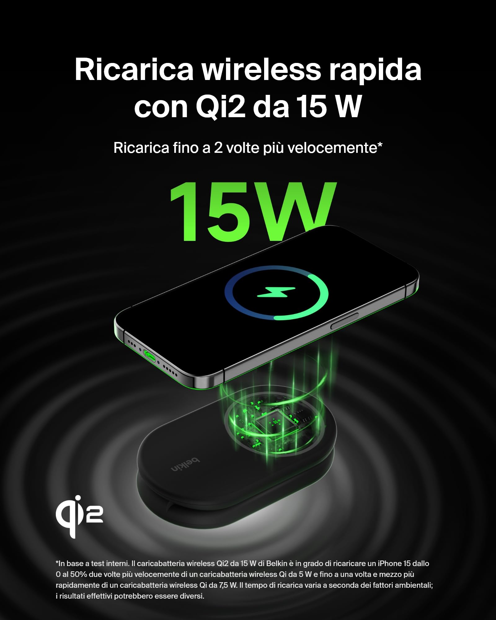 Belkin BoostCharge Caricabatteria magnetico pieghevole 2 in 1 con Qi2 15W, Caricatore wireless compatibile con MagSafe, ricarica rapida per Apple iPhone 17, iPhone Air, Pixelsnap, alimentatore - Nero