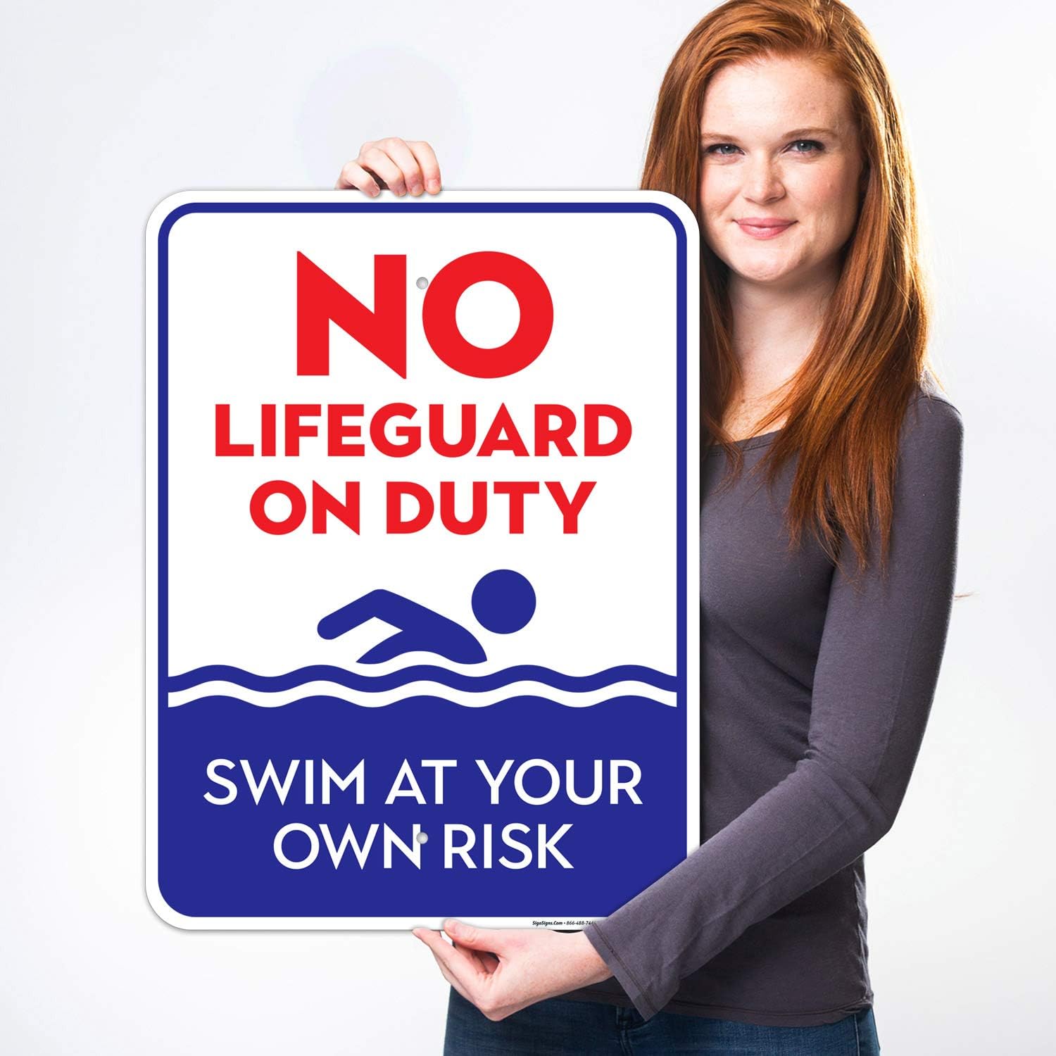 No Lifeguard On Duty Sign, Blue Pool Sign, 18x24 Inches, Rust Free .063 Aluminum, Fade Resistant, Easy Mounting, Indoor/Outdoor Use, Made in USA