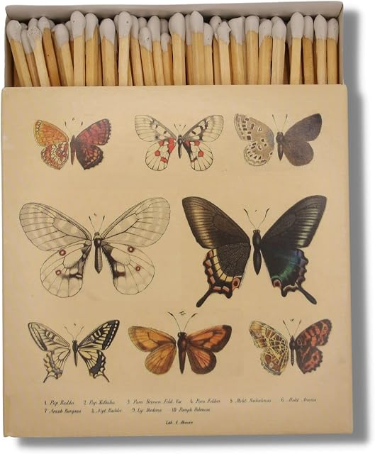 Curator Home Luxury Gift Long Safety Matches | Stylish Botanical Butterflies Design Square Matchbox