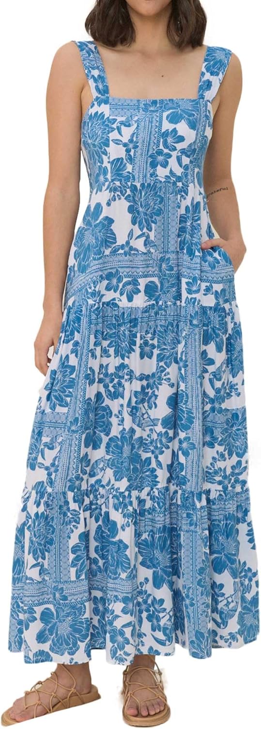 Women's Loose Floral Bohemian Spaghetti Strap Tiered Ruffle Flowy Boho Long Maxi Tent Dress with Pockets