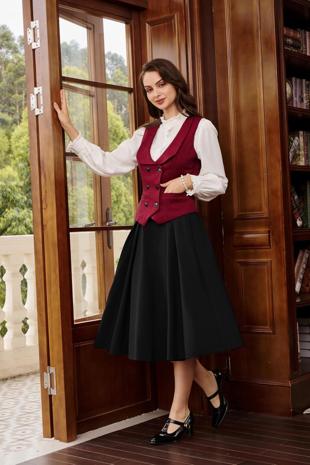 Belle Poque Women's Vintage High Waist Pleated Midi A-Line Skirt with Pockets - Image 4