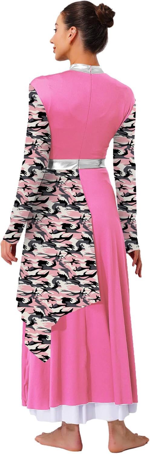 XUNZOO Women Girls Praise Dance Dress Long Sleeve Liturgical Metallic Church Worship Costume Lyrical Dancewear