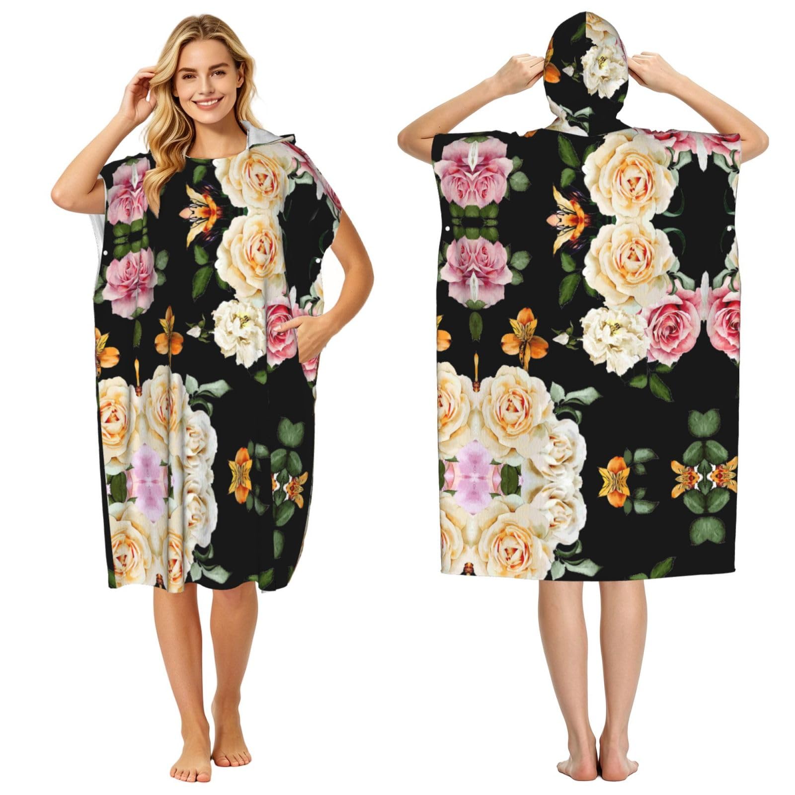 Peignoir à capuche piscine anti-froid léger imprimé fleurs roses