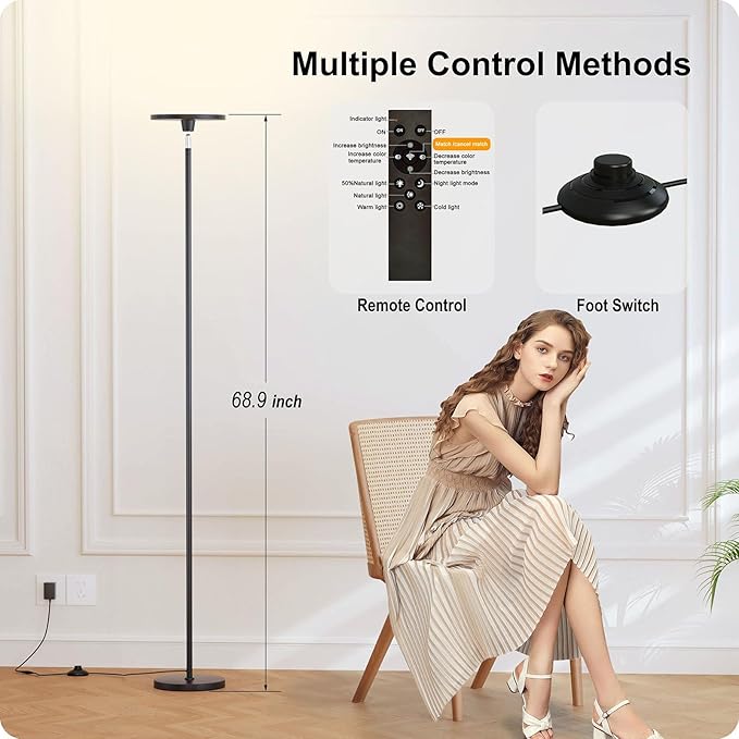 Nukanu Dimmable Floor Lamp with Remote，Floor Lamps for Living Room Bedroom Office，Adjustable Brightness (10%-100%) and Color Temperature (3000k- 6000k)，Standing Lamp Tall Lamp with Foot Switch photo 2