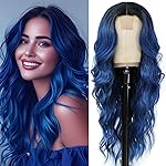 Long Blue Wavy Wigs for Women Ombre Curly Natural Middle Part Synthetic Curly Heat Resistant Fiber Hair Replacement Wigs for Daily Party