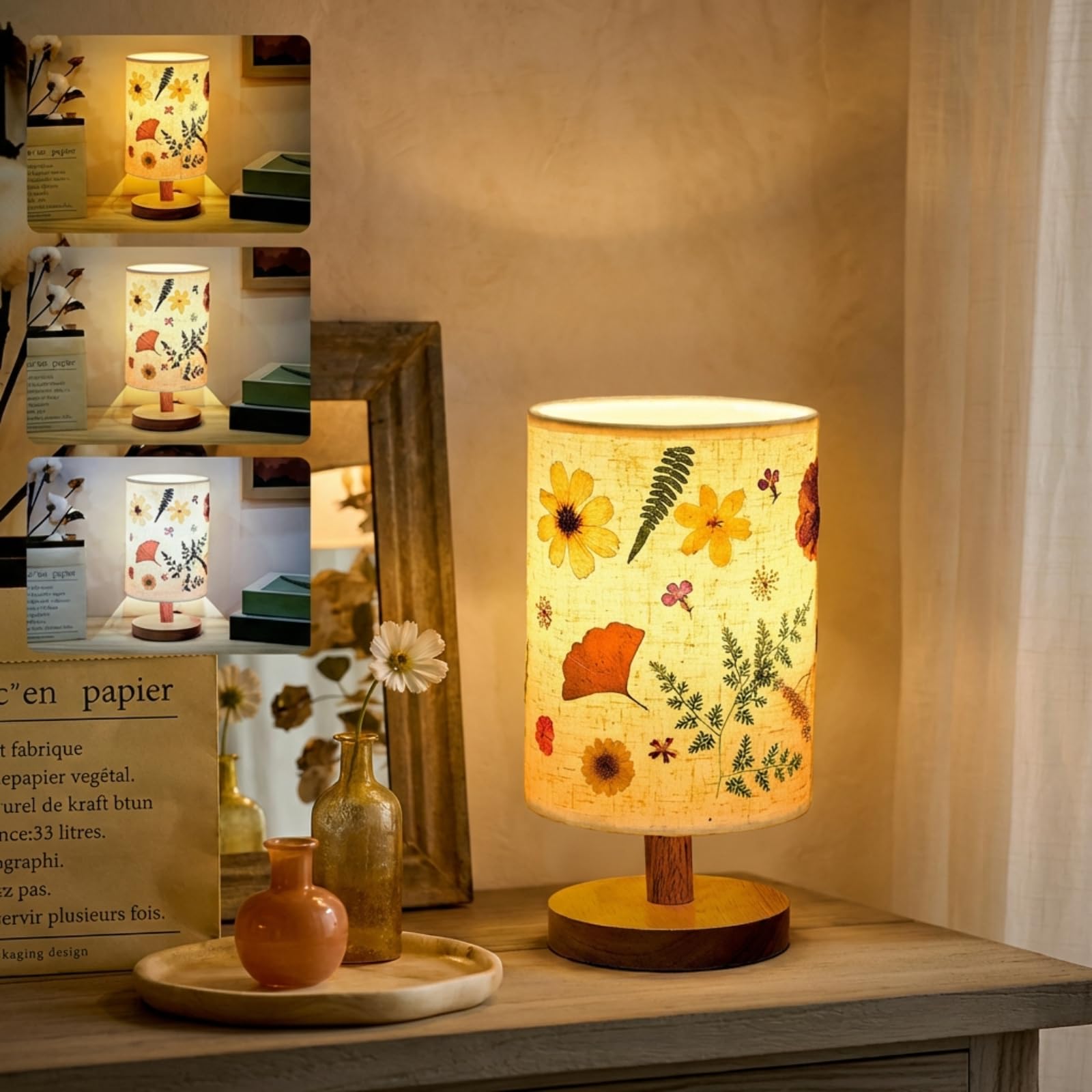 Hortsun Pressed Flower Lamp Vintage Table Small Lamp Cottagecore Decor Boho Night Light Decorative Rustic Night Light for