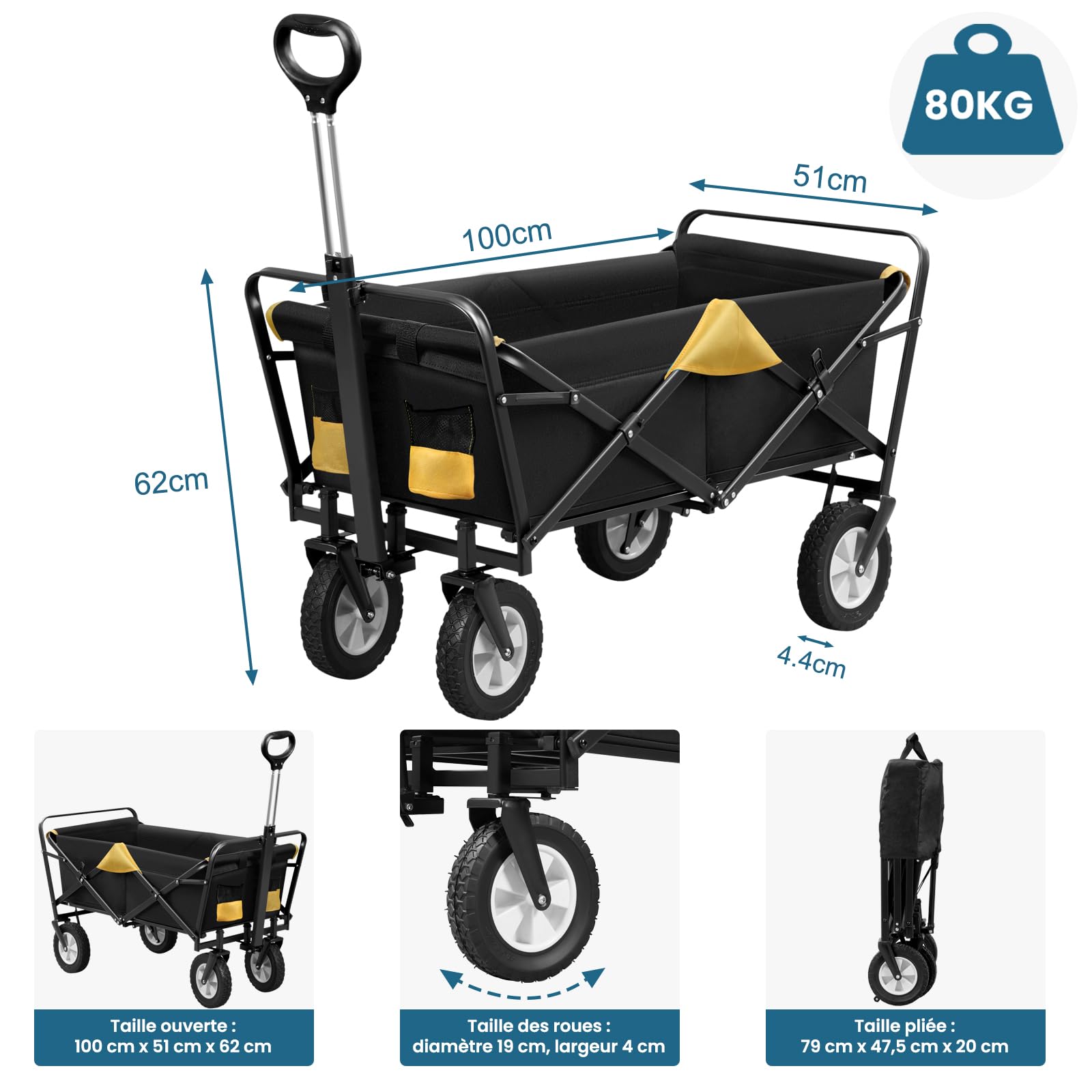 EUGAD 0010HC Chariot de Transport pour Jardin Max. 80kg Chariot Pliable à 4 Roues Tissu Oxford Anthracite+Jaune