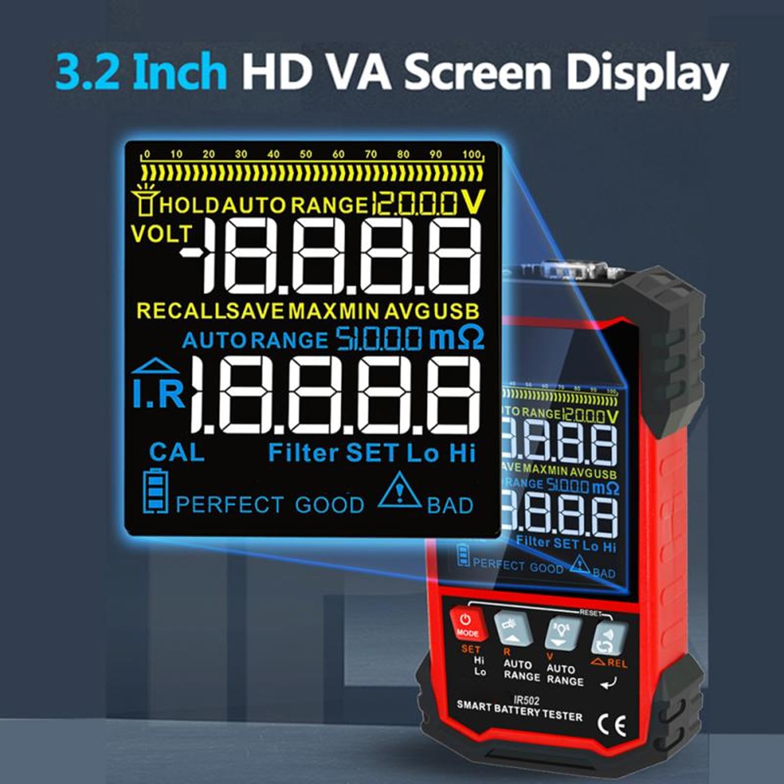 Tester digitale per batteria per auto, con tensione da 0 a 120 V CC e misurazione della resistenza interna da 0 a 500 Ω, allarme basso-alto, indicatore di salute, per moto,