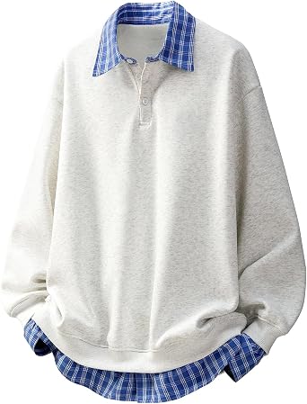 Mens Fake Two Pieces Polo Sweatshirt Vintage Plaid Collar Button Pullover Top