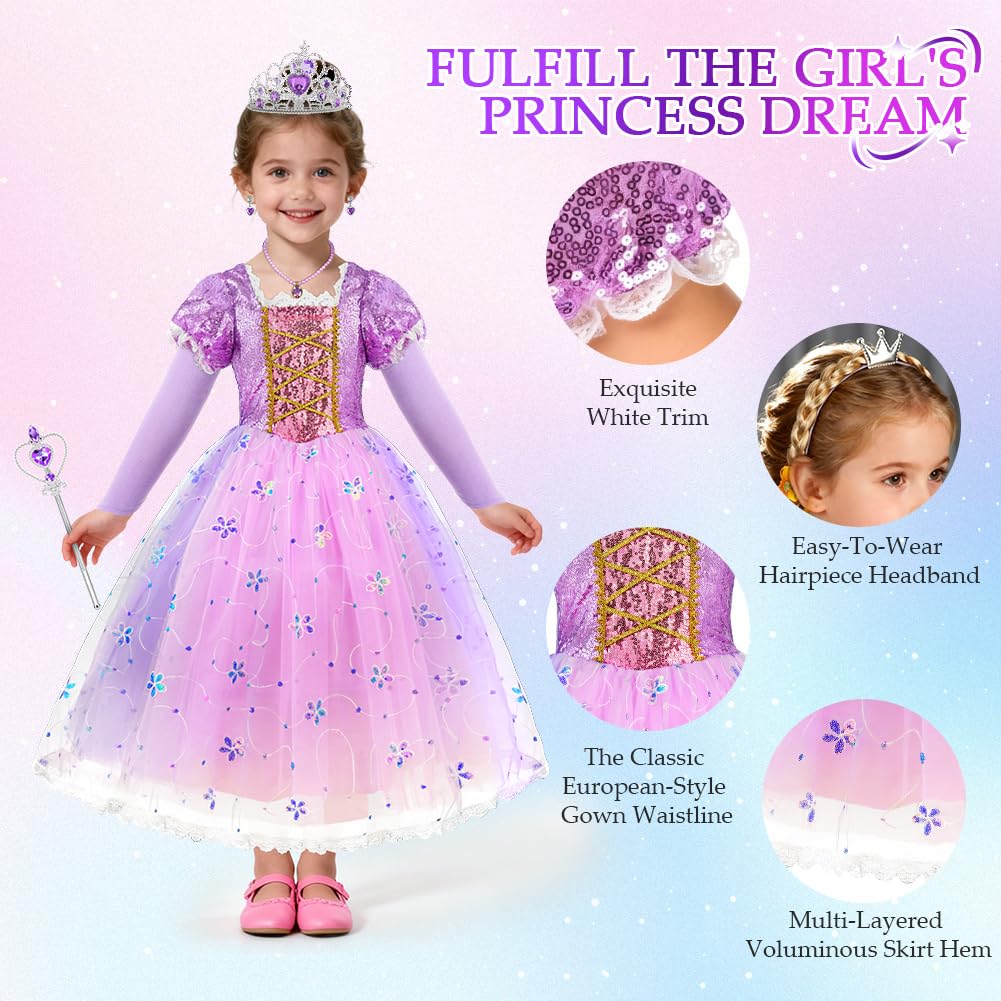 AOOWU Costume da Principessa Rapunzel per Bambina, Vestito Rapunzel con 6 Accessori, Abito da Principessa Viola, Cosplay Halloween Carnevale Abito per Ragazze(100-150)