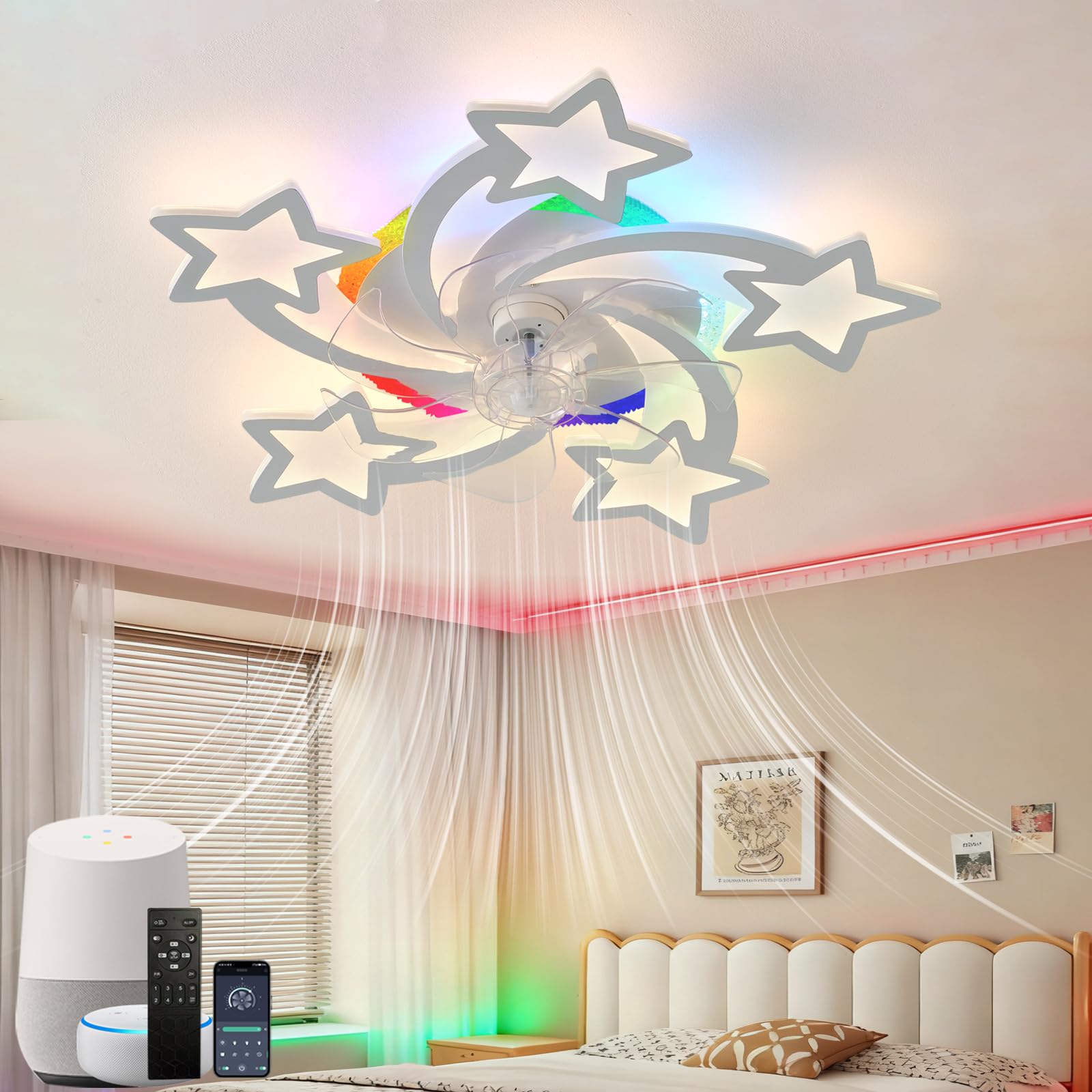 Ventilatore da Soffitto con Luce Silenzioso Star con RGB con Alexa,Plafoniera Ventilatore Reversibile Telecomando APP Tempistica,Lampadario Ventilatore Dimmerabile,6 Velocità,Camerette,Bianco