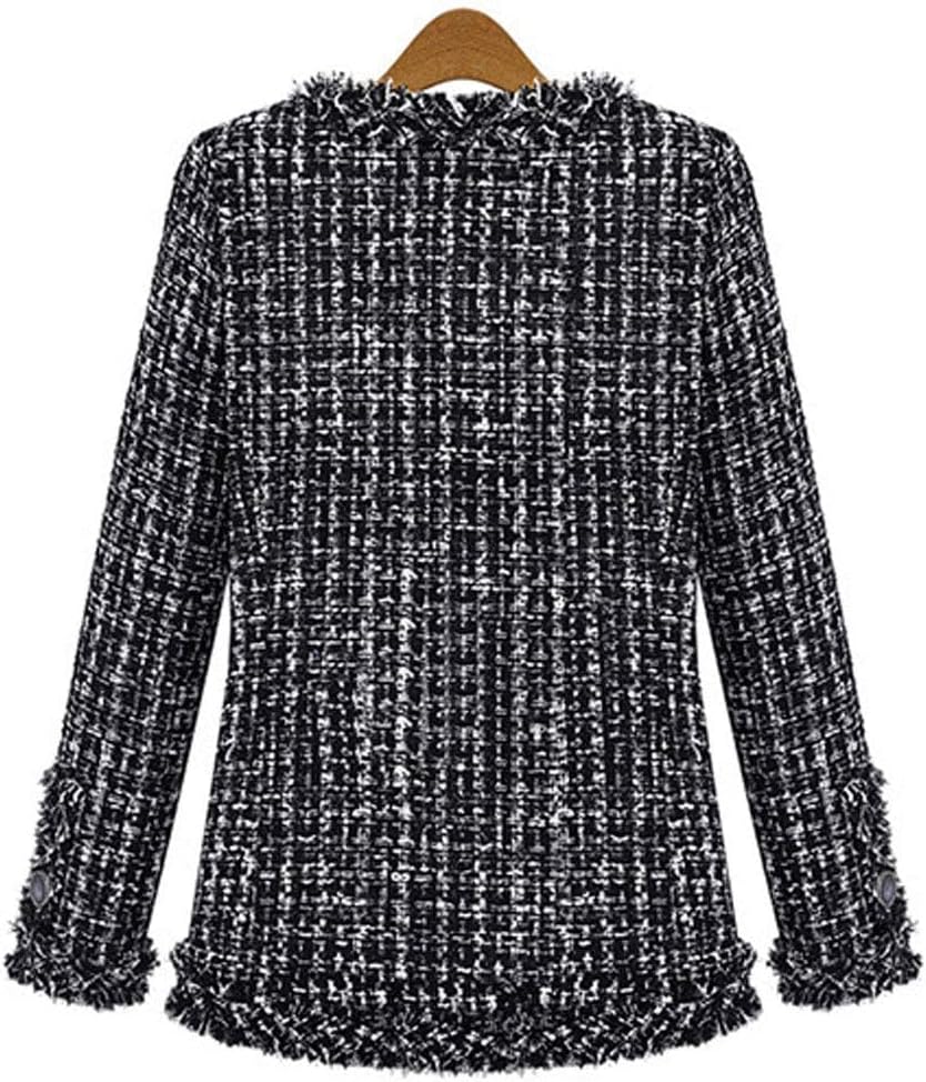 Women's Collarless Plaid Tweed Blazer Elegant Open Front Fringed Casual Business Glitter Jacket - Image 2