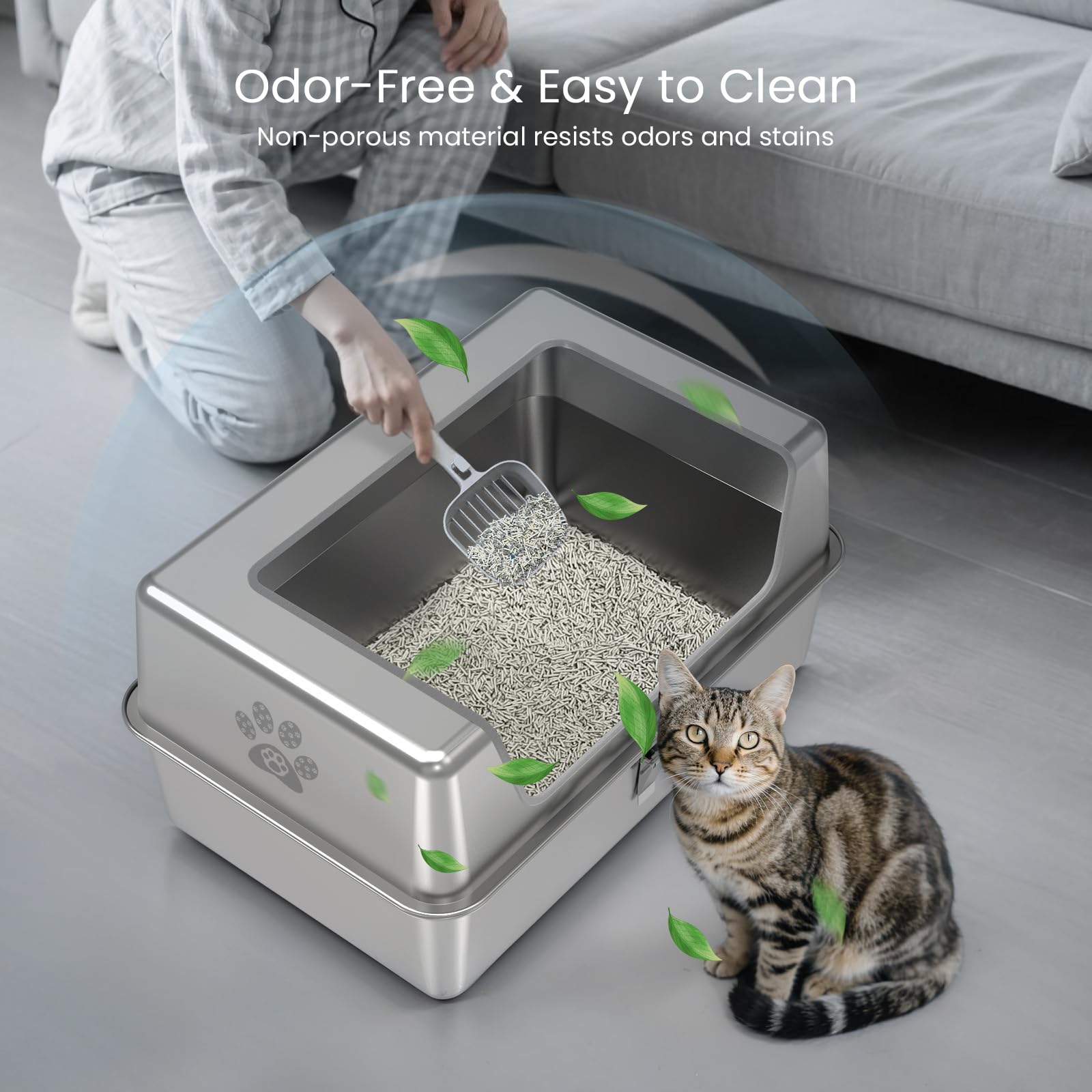 OHMG Kattenbak van roestvrij staal, kattenbak met deksel accessoires, inclusief schep en mat, kattentoilet gesloten groot, XXL kattenbak, uittrekbaar dienblad (as-51 x 41 x 38 cm