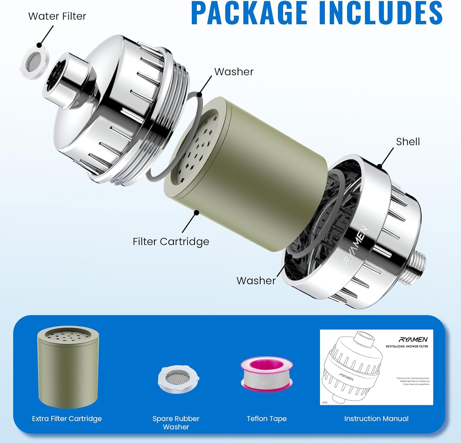 Ryamen Heavy Duty Shower Filter, Shower Water Filter, 99% REMOVAL Shower Head Filter for Hard Water, Heavy Metals, Chlorine (2 Cartridges, Silver) - Image 9
