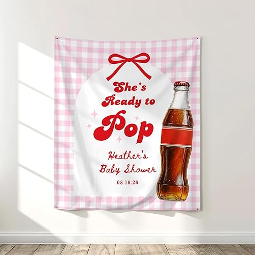 She's Ready To Pop - Tapiz de baby shower, telón de fondo retro con tema de soda pop, colgante de pared personalizado para baby shower, decoración
