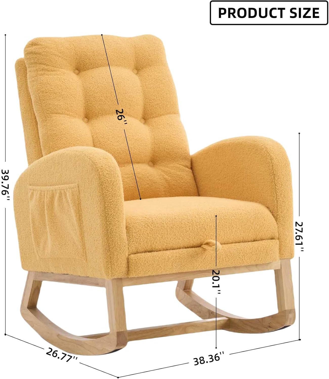 Nursery Rocking Chair with Foot Rest & Side Pocket, 300lbs Capacity, Rocking Chairs with High Backrest, Suitable for Living Room Bedroom, Comfort (Yellow)