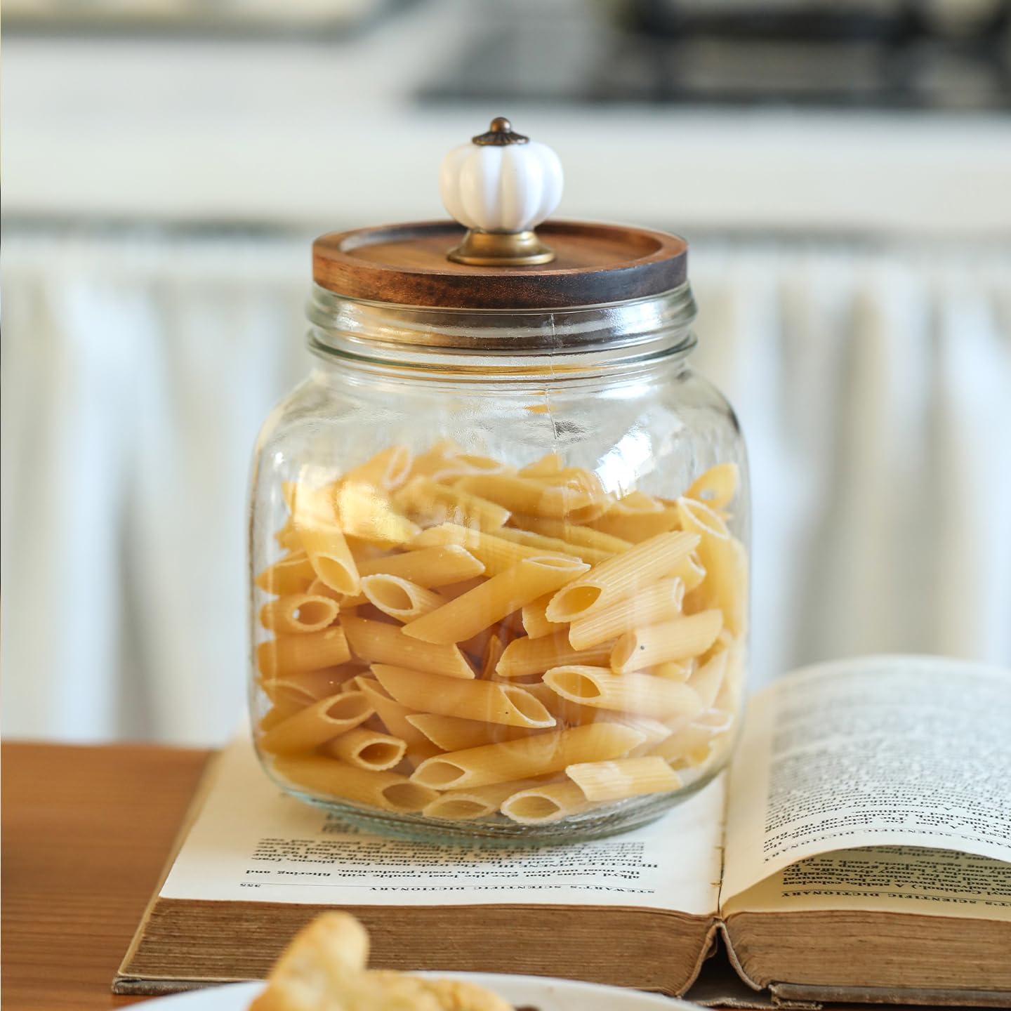 34 oz Airtight Square Glass Canister with Solid Wood Lid and Pumpkin Knob