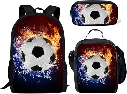 Poceacles Mochila escolar para niÃ±os con estuche de almuerzo, juego de 3 piezas para el regreso a clases para niÃ±os y niÃ±as, Fire Water