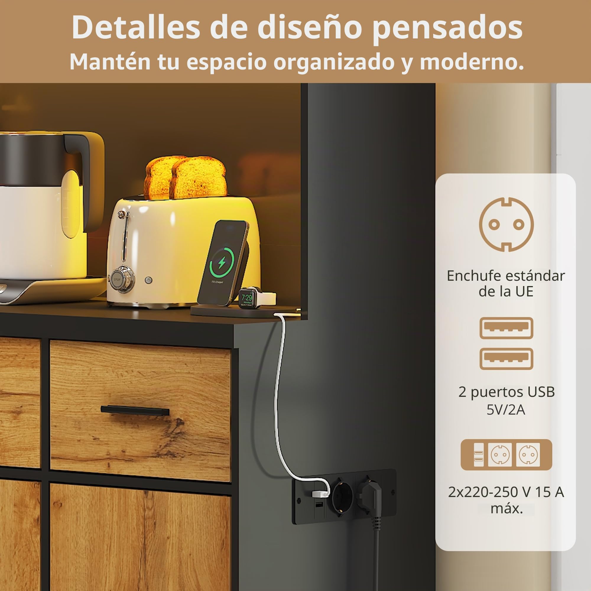 Armario buffet, 100 x 40 x 180 cm, buffet con iluminación LED con mando a distancia, cajones, estantes ajustables, agujeros para cables y enchufes, para cocinas y comedores (negro)
