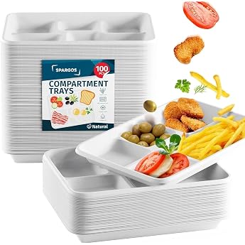 5-Compartment Food Disposable Plates Heavy Party Plates Disposable Stable 100 Pack Disposable Plates School Serving Plates for Hot Food with Sections Learning to Eat Plates with Compartments Made of Natural Material Sugar Cane Plates