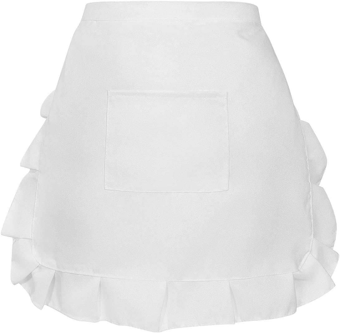 BESTonZON White Lace Half Waist Apron with Pocket, Floral Short Waist Kitchen Apron for Women Ideal for Cooking Baking