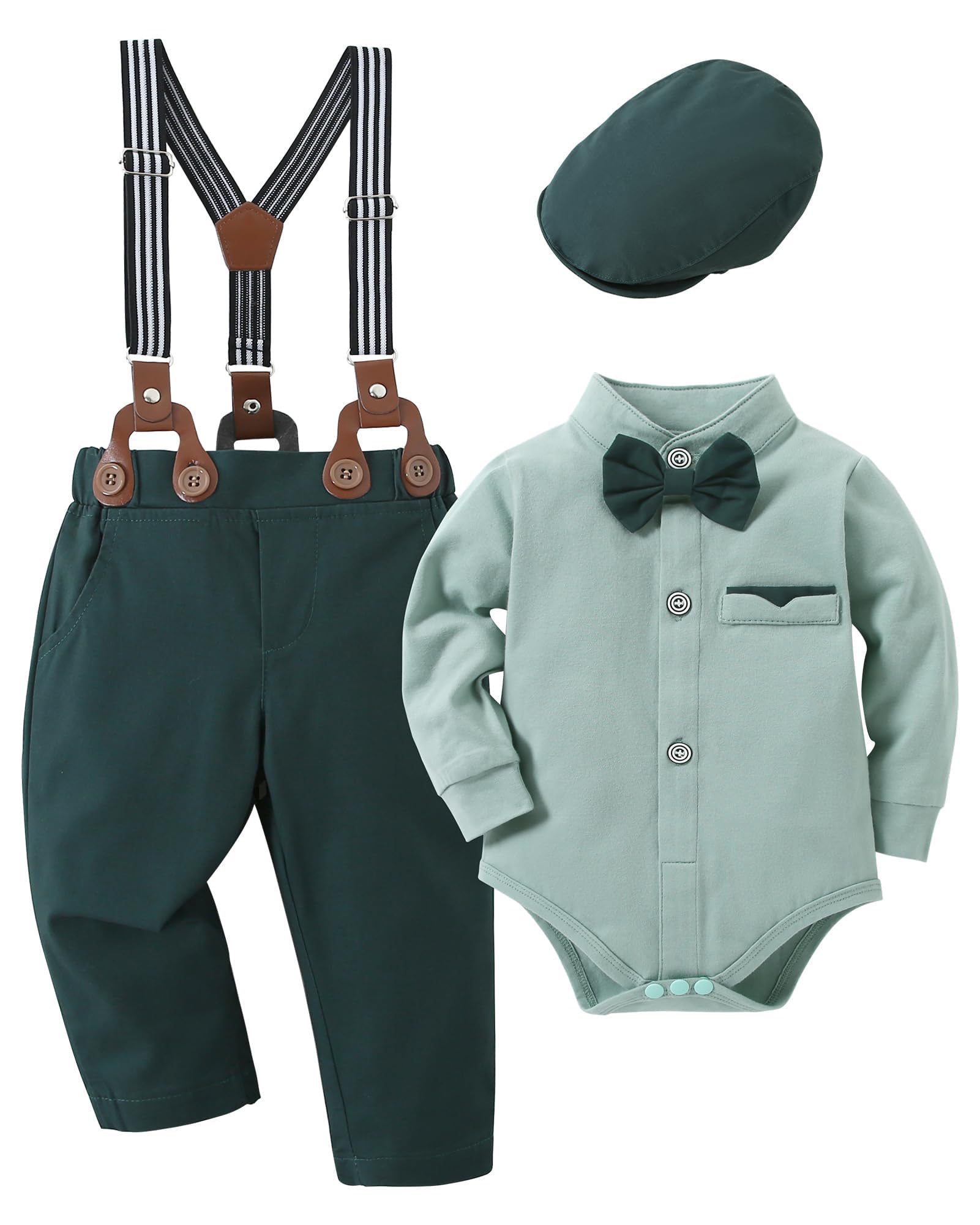 SOLOYEE Baby Boy Clothes Suits 6-9 Months Baby Boys Formal Wedding Outfits Long Sleeve Dress Shirt + Suspender Pants + Bowtie + Beret Gentleman Clothing Set (Capri Blue, 6-9 Months) — view 6