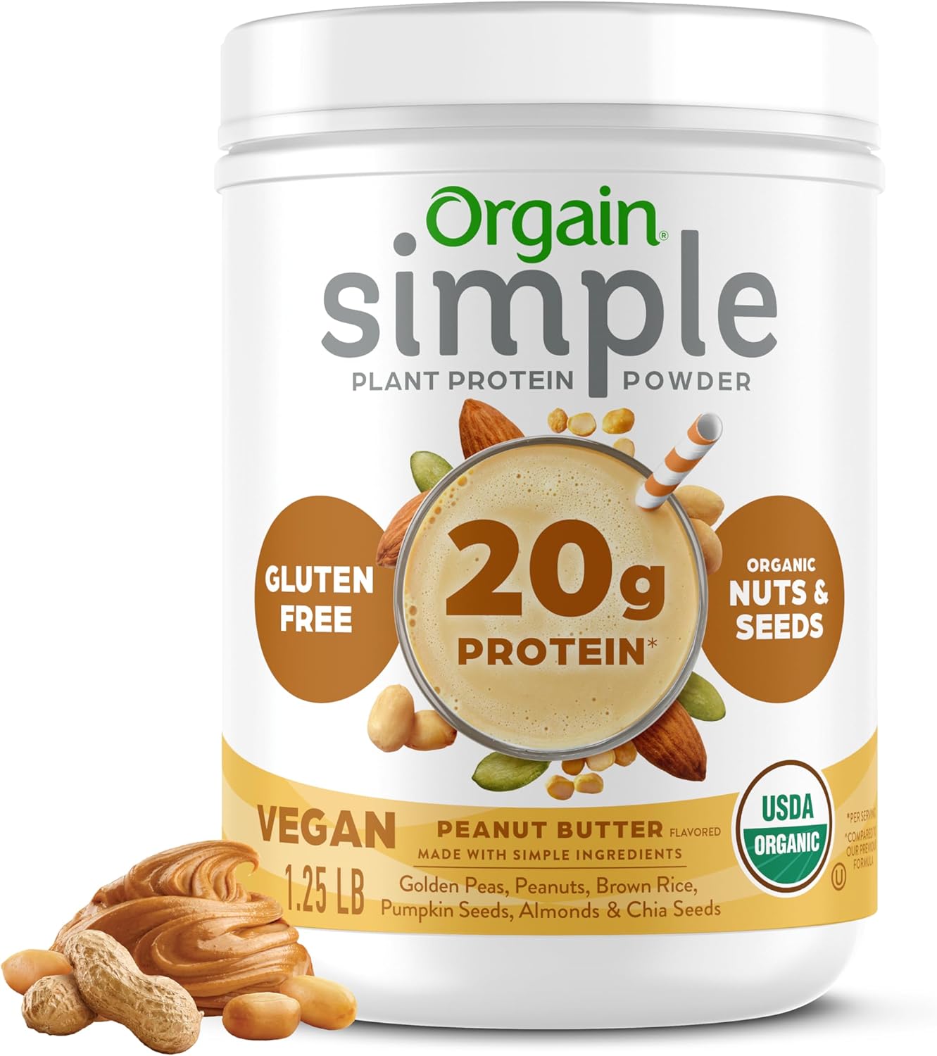 Orgain Organic Simple Vegan Protein Powder, Peanut Butter - 20g Plant Based Protein, With less Ingredients, No Artificial Sweeteners, Gluten Free, No Dairy or Lactose, 1.25 lb (Packaging May Vary)
