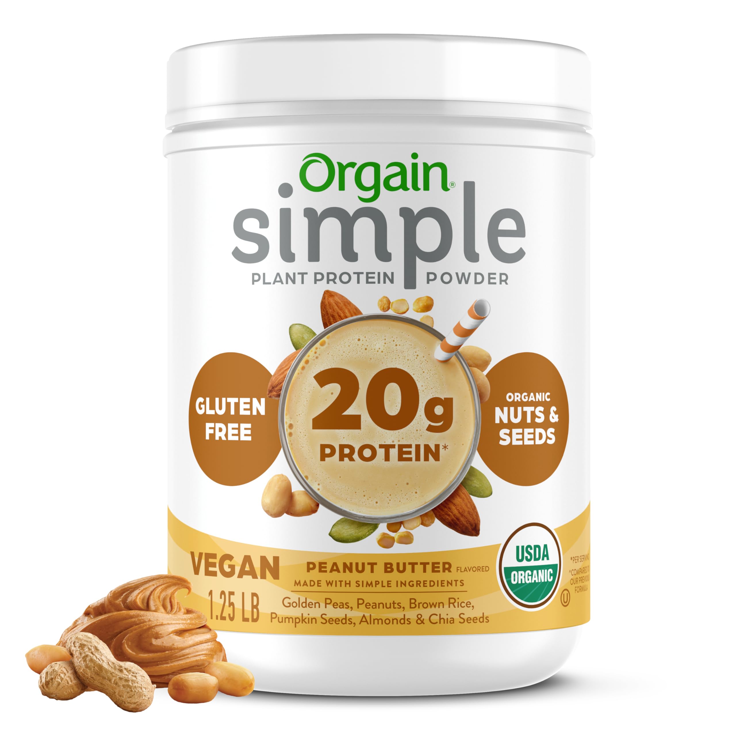 Simple Organic Vegan Protein Powder, Peanut Butter - 20g of Plant Based Protein, Made with Fewer Ingredients and Without Dairy, Gluten and Stevia, Kosher, Non-GMO, 1.25 Lb (Packaging May Vary)