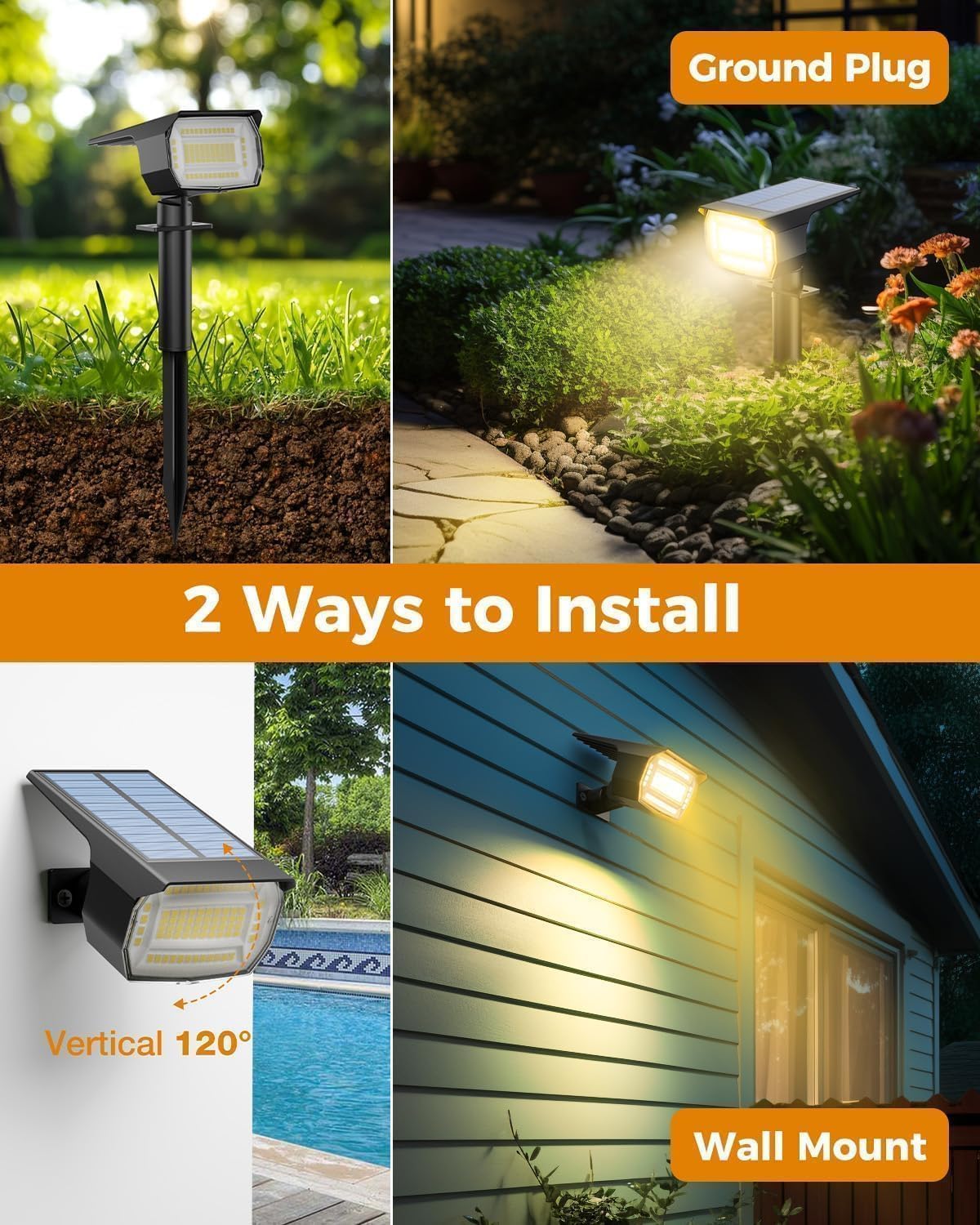 btfarm 8 Stück Solarstrahler für Außen Garten, 72 LED Solarlampen für Außen IP65 Wasserdicht Solar Strahler Gartenleuchten, Solarleuchten für Rasen Auffahrt Gehweg Patio Baum, Warmweiß
