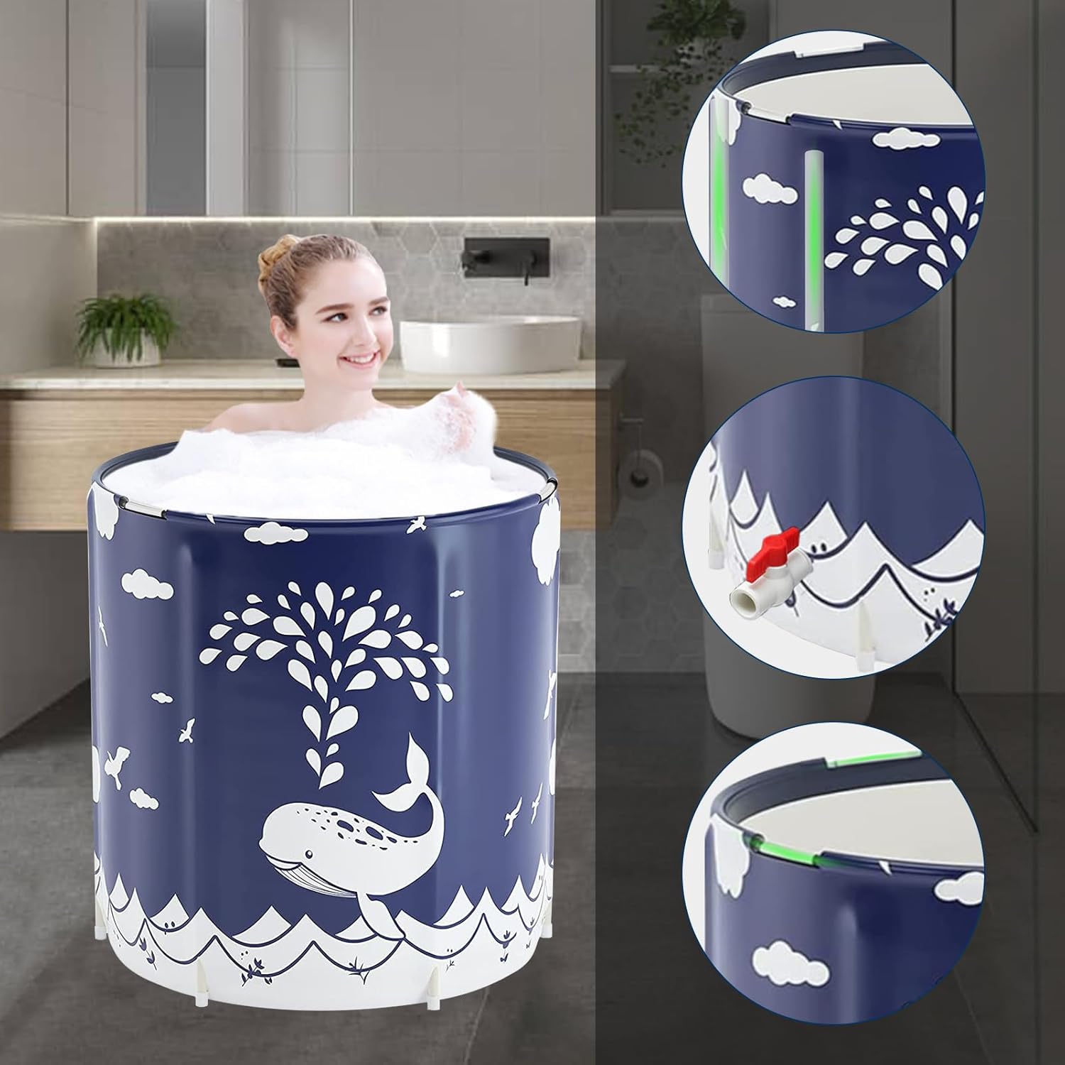 PLKO Foldable Bathtub Portable Soaking Bath Tub,Portable tub for adults,Collapsible Soaking Bath Tub for Shower Stall,Thickening with Thermal Foam to Keep Temperature(Blue Whale)