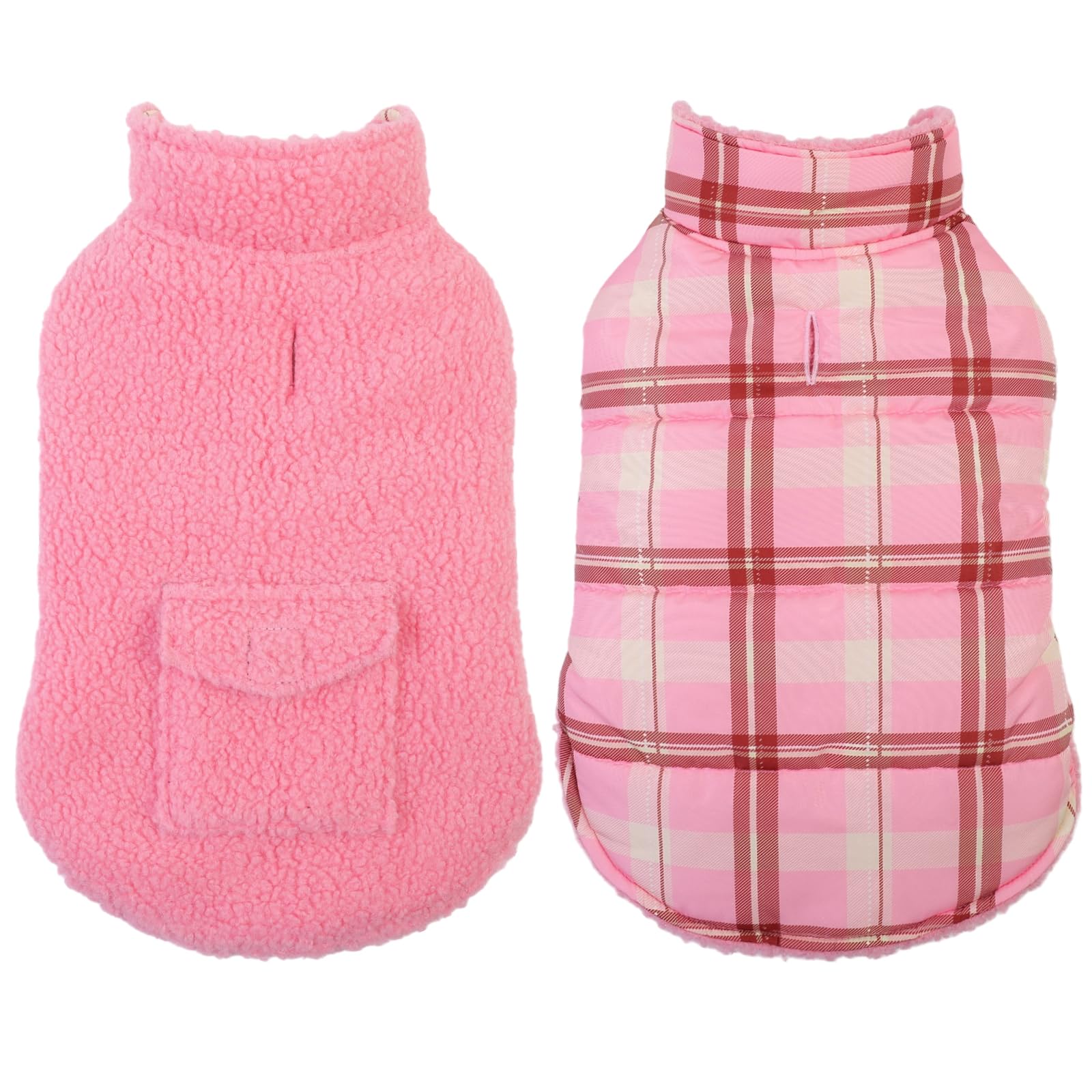 ASENKU Dog Winter Coat, Reversible Dog Jacket for Small Medium Large Dogs | Windproof Sherpa Lined Dog Coat for Cold Weather, Waterproof Warm Plaid Winter Dog Puffer Vest with Leash Hole, Light Pink L